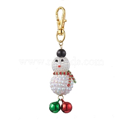 Christmas Snowman Resin Rhinestone & Glass Seed Beads Pendant Decorations, Lobster Claw Clasps and Brass Bell Charms for Bag Ornaments, Golden, 90mm(HJEW-MZ00076)