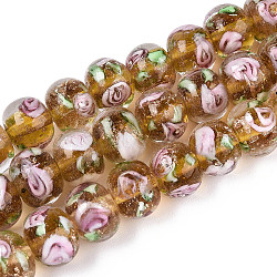 Handmade Lampwork Inner Flower Rondelle Beads Strands, with Gold Powder, Peru, 8~10x10~11mm, Hole: 0.9~1.4mm, about 35pcs/strand, 10.83~11.42''(27.5~29cm)(LAMP-T022-24C)