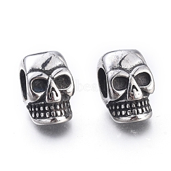 Halloween 304 Stainless Steel European Beads, Large Hole Beads, Skull Head, Antique Silver, 15x9x10mm, Hole: 5.5mm(STAS-F243-41AS)