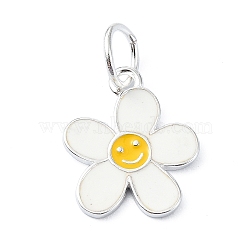 925 Sterling Silver Enamel Smiling Face Flower Charms, with Jump Rings & 925 Stamp, Silver Color Plated, Yellow, 14.5x12x1mm, Hole: 4mm(STER-M119-06E-S)