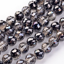Electroplate Glass Bead Strands, Half Plated, Faceted, Round, Black Plated, 13.5mm, Hole: 2mm, about 18pcs/strand, 9 inch(23cm)(EGLA-J140-HP02-14mm)