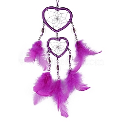 Feather Pendant Decoration with Natural Shell Beaded, Woven Net/Web with Feather, Art Hanging Decors for Garden Window Party, Medium Violet Red, 350~400mm(PW-WG74381-06)