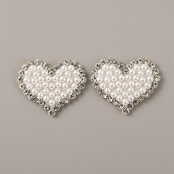 Plastic Imitation Pearl Beaded Iron on Appliques, with Non-Woven Fabric, Heart, White, 34x42x5mm(PATC-WH0005-02)