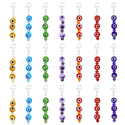 7 Chakra Handmade Lampwork Evil Eye Beaded Pendant Decorations, Zinc Alloy Lobster Clasp Charms with Glass Faceted Beads, Clip-on Charms, Mixed Color, 50.5~51mm, 7pcs/set, 3 sets/box(AJEW-CA0003-48)