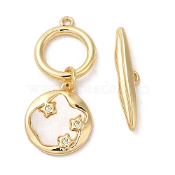 Rack Plating Brass Micro Pave Clear Cubic Zirconia Toggle Clasps, with Shell, Cadmium Free & Lead Free, Long-Lasting Plated, Golden, Bar: 21.5x4.5x4mm, Ring: 29x13x2mm, Hole: 1.2mm(KK-E084-10G)