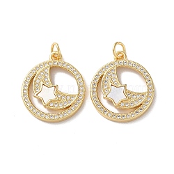 Brass Micro Pave Cubic Zirconia Pendants, with Shell and Jump Ring, Real 18K Gold Plated, Flat Round, 21x18x3mm, Hole: 3mm(KK-B083-25E-G)