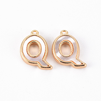 Brass Charms, with Shell, Real 18K Gold Plated, Nickel Free, Letter.Q, 12x9.5x2mm, Hole: 0.8mm