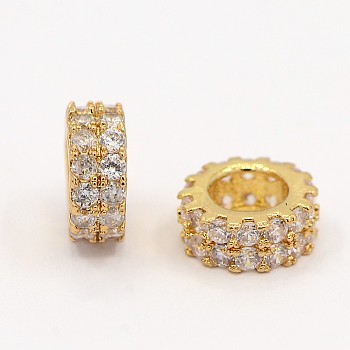 Brass Micro Pave Cubic Zirconia Beads Flat Round Spacer, Golden, 7.5x3mm, Hole: 4mm
