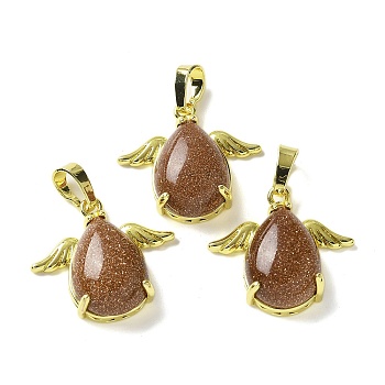 Synthetic Goldstone Pendants, Teardrop Charms with Golden Tone Brass Wings, Rack Plating, Cadmium Free & Lead Free, 22.5x24.5x9mm, Hole: 7.5x4.5mm