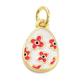 Rack Plating Brass Enamel Charms, with Jump Ring, Long-Lasting Plated, Cadmium Free & Lead Free, Teardrop with Flower Charm, Real 18K Gold Plated, Crimson, 14x9x1.5mm, Hole: 3mm