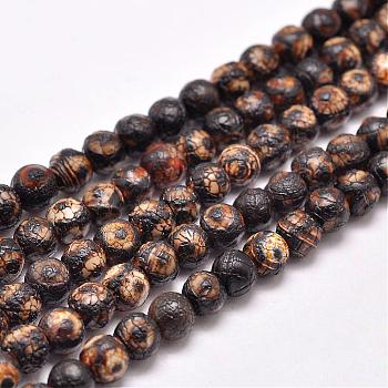 Natural Tibetan Style 3-Eye dZi Beads Strands, Dyed & Heated, Matte Style, Round, 3-Eye, about 6mm, Hole: 2mm, about 65pcs/strand, 13.8 inch