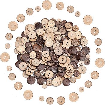 240Pcs 4 Styles 2-Hole Flat Round Coconut Buttons, Coconut Brown, 11~20x2.5~3.5mm, Hole: 1.5~2mm, 60pcs/style