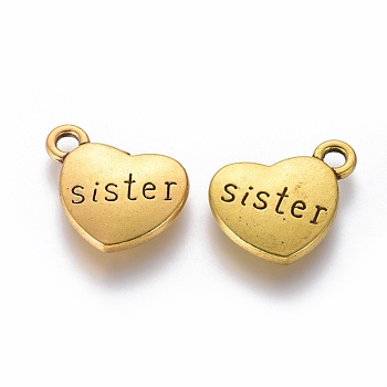 Tibetan Style Alloy Family Charms, Heart with Word Sister, Cadmium Free & Lead Free, Antique Golden, 14x18x3mm, Hole: 2.5mm