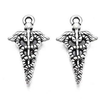 Tibetan Style Alloy Caduceus Medical Symbol Charms, Cadmium Free & Lead Free, Wing with Snak, Antique Silver, 25x13.5x2.5mm, Hole: 1.6mm, about 840pcs/1000g