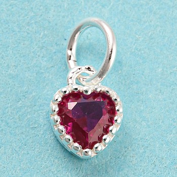 925 Sterling Silver Charms, with Cubic Zirconia, Faceted Heart, Silver, Medium Violet Red, 7x5x3mm, Hole: 3mm