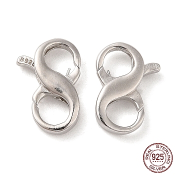 Rhodium Plated 925 Sterling Silver Double Opening Lobster Claw Clasps, Infinity Shape, with 925 Stamp, Real Platinum Plated, 13x8.5x3mm, Hole: 4mm