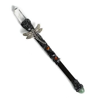 Natural Quartz Crystal & Green Aventurine Magic Wand, Cosplay Magic Wand, with Wood Wand, for Witches and Wizards, Dragonfly, 290mm