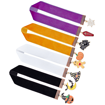 CHGCRAFT 4Pcs 4 Style Halloween Theme Bookmarks, Velvet Ribbon Bookmark with Alloy Enamel Charm, Pumpkin/Witch Hat/Ghost, Mixed Color, 300~314mm, 1pc/style