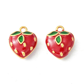 Brass Enamel Charms, Imitation Fruit, Matte Gold Color, Strawberry Charm, Red, 12x10x6mm, Hole: 1.4mm
