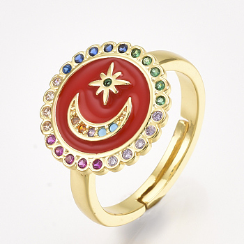 Adjustable Brass Micro Pave Cubic Zirconia Finger Rings, with Enamel, Flat Round with Moon and Star, Red, Size 7, 17mm