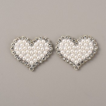 Plastic Imitation Pearl Beaded Iron on Appliques, with Non-Woven Fabric, Heart, White, 34x42x5mm