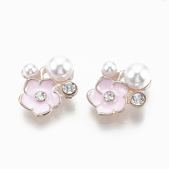 Alloy Cabochons, with Rhinestone and ABS Plastic Imitation Pearl, Enamel, Flower, Light Gold, Pearl Pink, 17x16x8mm