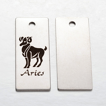 Spray Painted Stainless Steel Pendants, Rectangle with Twelve Constellation/Zodiac Signs, Aries, 38x16x1mm, Hole: 3mm