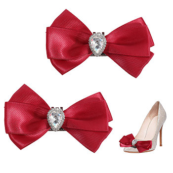 Detachable Polyester Shoe Decorations, with Brass Buckle Clip & Glass Crystal Rhinestone, Bowknot, FireBrick, 57x90x20.5mm