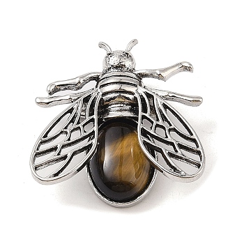 Natural Tiger Eye Brooch, Antique Silver Tone Alloy Bee Brooch, 38x36x11.5mm, Hole: 5x6mm