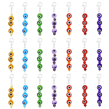 7 Chakra Handmade Lampwork Evil Eye Beaded Pendant Decorations, Zinc Alloy Lobster Clasp Charms with Glass Faceted Beads, Clip-on Charms, Mixed Color, 50.5~51mm, 7pcs/set, 3 sets/box