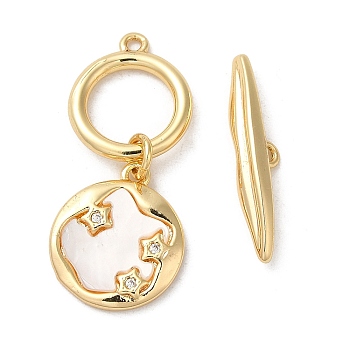 Rack Plating Brass Micro Pave Clear Cubic Zirconia Toggle Clasps, with Shell, Cadmium Free & Lead Free, Long-Lasting Plated, Golden, Bar: 21.5x4.5x4mm, Ring: 29x13x2mm, Hole: 1.2mm