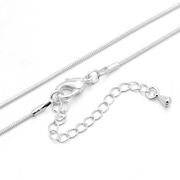 Rack Plating Brass Round Snake Chain Necklaces, with Lobster Claw Clasps and End Chains, Silver Color Plated, 18.11 inch, 1mm