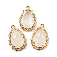 Natural Quartz Crystal Rock Crystal Faceted Pendants, Rack Plating Brass Pave Clear Cubic Zirconia Teardrop Charms, Golden, 23.5~24x15~15.5x6mm, Hole: 1.2mm(G-M431-13G-04)