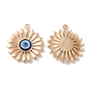 Alloy Pendants, Flower Charms with Resin Evil Eye, Cadmium Free & Nickel Free & Lead Free, Golden, Prussian Blue, 28.5x25x4mm, Hole: 2mm(PALLOY-E027-VF816)