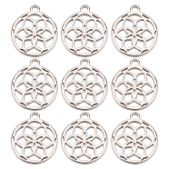 30Pcs Titanium Steel Charms, Hollow, Flat Round with Flower Charm, Stainless Steel Color, 10.5x9x1mm, Hole: 1mm(STAS-GO0001-01)