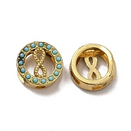 Alloy Slide Charms, with Synthetic Turquoise, Flat Round & Infinity, Turquoise, 12x5mm, Hole: 2~8x2~3mm(PALLOY-F290-06KCG-01)