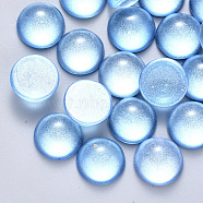 Transparent Spray Painted Glass Cabochons, with Glitter Powder, Half Round/Dome, Deep Sky Blue, 18x9mm.(GLAA-S190-013C-F08)