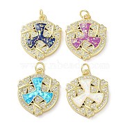 Brass Micro Pave Clear Cubic Zirconia Pendants, with Synthetic Opal and Jump Ring, Real 18K Gold Plated, Shield, Mixed Color, 22x18x3mm, Hole: 3.6mm(KK-C045-28G)