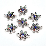 10Pcs Alloy Connector Charms, with Sapphire Rhinestone & Colorful Seed Beads, Flower Links, Antique Silver, 16x22x3mm, Hole: 2mm(PALLOY-CJ0002-64)