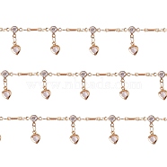 Clear Cubic Zirconia Heart Charm Tassel Chains, Copper Bar Link Chains, Unwelded, Golden, 500mm(JX604A)