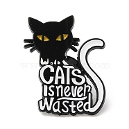 Cat with Word Enamel Pins, Electrophoresis Black Alloy Badge for Backpack Clothes, White, 29x23x1.5mm(JEWB-G023-03A)