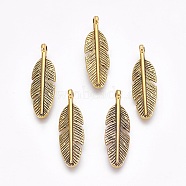 Tibetan Silver Pendants, Lead Free & Cadmium Free, Feather, Antique Golden, about 30mm long, 9mm wide, 2mm thick, Hole: 2mm(GAB261Y)