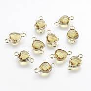 Glass Links connectors, with Light Gold Tone Brass Findings, Faceted, Triangle, Champagne Yellow, 15~16x9x4mm, Hole: 2mm(KK-L157-07B)