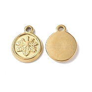 Ion Plating(IP) 304 Stainless Steel Charms, Flat Round with Leaf Charm, Real 18K Gold Plated, 13.5x11x2mm, Hole: 1.5mm(STAS-C066-18G)