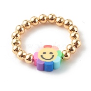 Brass Beaded Stretch Rings, with Handmade Polymer Clay Beads and Elastic Crystal Thread, Flower with Smile, Real 18K Gold Plated, Inner Diameter: 20mm(RJEW-JR00356)