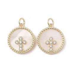 Brass Pendants Pave Shell, with Clear Cubic Zirconia, Round with Cross, Golden, 18x16x3mm(KK-L208-76G)