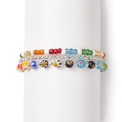Glass Seed Beads Beaded Bracelets Sets, Millefiori Glass Beads Stretch Bracelets for Woman, Colorful, Inner Diameter: 2-1/8~2-1/4 inch(5.3~5.6cm), 3pcs/set(BJEW-JB09074)