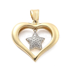 Rack Plating Brass with Cubic Zirconia Pendants, Long-Lasting Plated, Lead Free & Cadmium Free, Heart Charms, Star, 28x30x6mm, Hole: 9x5.5mm(KK-Q017-10D-G)