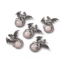 Natural Rose Quartz Dome Pendants, Gragon Charms, with Rack Plating Antique Silver Tone Alloy Findings, Cadmium Free & Lead Free, 44x46x9mm, Hole: 5.5x4mm(G-H281-04E)