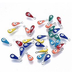 304 Stainless Steel Enamel Charms, Stainless Steel Color, Teardrop with Evil Eye, Mixed Color, 12x4.5x3mm, Hole: 1.2mm(STAS-N092-174)